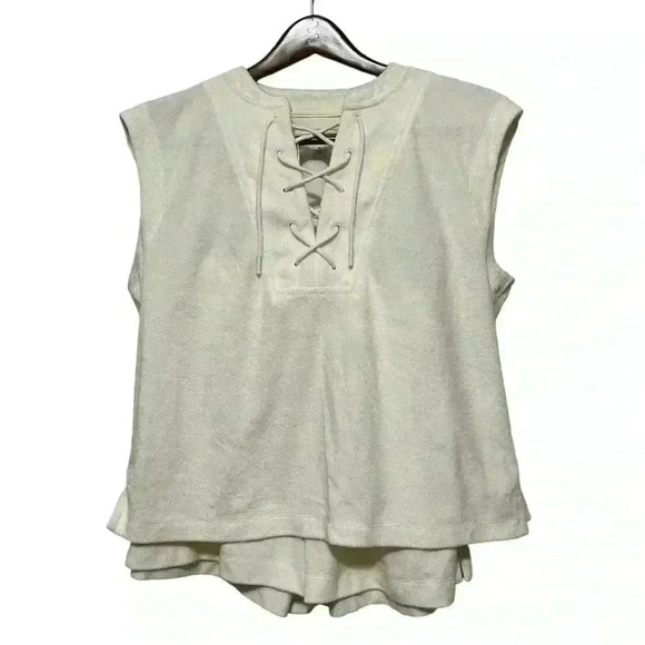 Free Assembly Womens Size M Terry Short Set Egret Sleeveless Front Tie EUC - Picture 2 of 16
